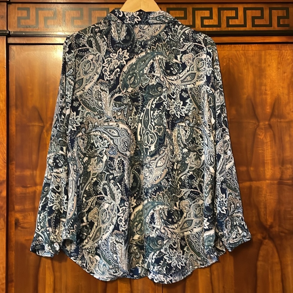 Roz & Ali 1X Paisley Button Down Blouse Blue Green Boho Flowy Women Plus Top - Picture 8 of 14